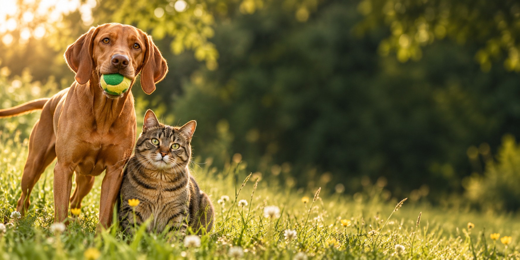 Labdát tartó magyar vizsla és cirmos macska a zöld fűben